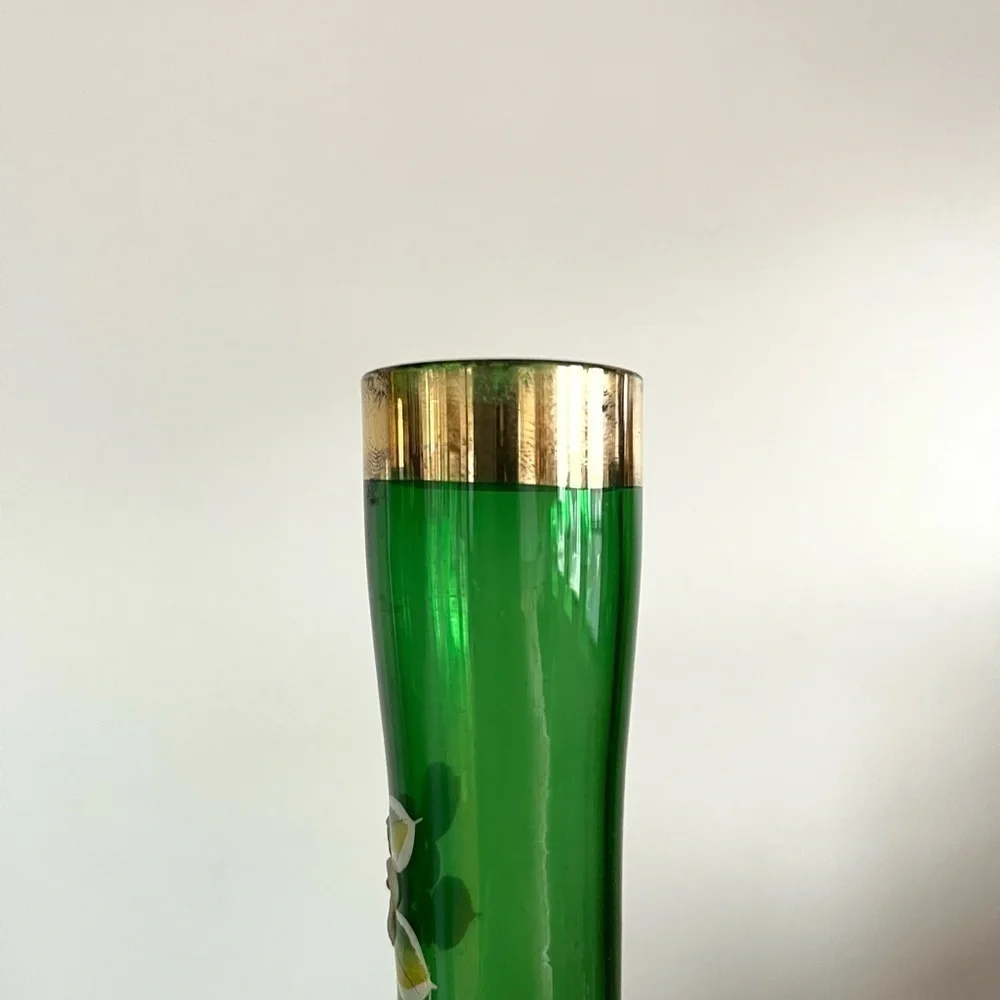 Vintage Bohemian Czech emerald green glass vases set of 2